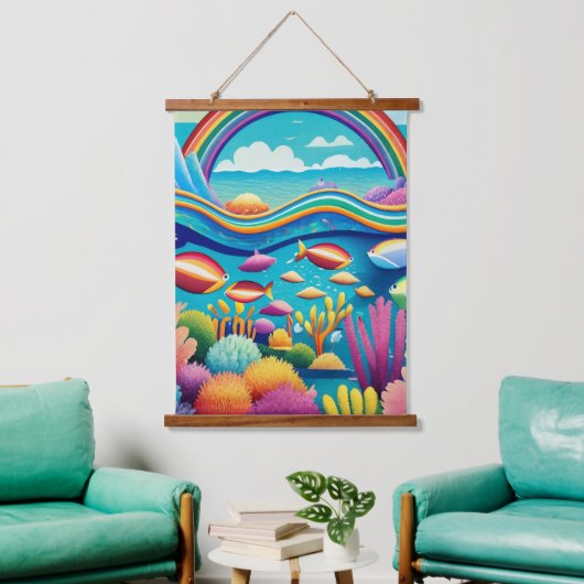 虹カラフルの下の水中 吊り下げ型タペストリー (リビング)