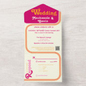 虹ストライプ曲縁ど式 – ピンクオレンジ オールインワン招待状 (内側)