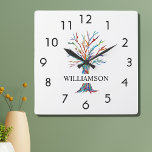 虹パーソナライズされたの木の四角い時計 スクエア壁時計<br><div class="desc">このカラフルの壁時計飾には、虹の色を使ったモザイクのファミリーツリーが付いています。名前を簡単にカスタマイズできます。デル独自のアートワークを作成するため、他のデザイナーからは正確なイメージが見つかりません。オリジナルモザイク© Michele Davies.</div>