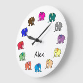 虹パーソナライズされた色のかわいい象パレード ラージ壁時計 (傾斜)