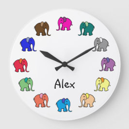 虹パーソナライズされた色のかわいい象パレード ラージ壁時計