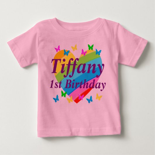 虹パーソナライズされた蝶1歳の誕生日 ベビーTシャツ (正面)