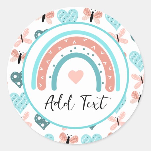 虹パーソナライズされた、蝶とハート ラウンドシール (正面)