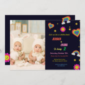 虹モダン双子の誕生日パーティー 招待状 (正面/裏面)