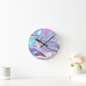 虹彩のような光沢のあるメタリックな生地、ターコイズゴールドパープル ラウンド壁時計 (ホーム)