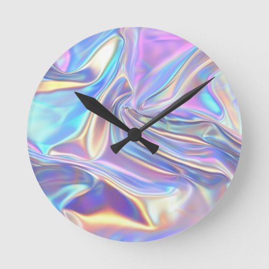 虹彩のような光沢のあるメタリックな生地、ターコイズゴールドパープル ラウンド壁時計 (正面)