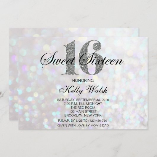 虹彩色スウィート16シルバーグリッター招待状 招待状 (正面/裏面)