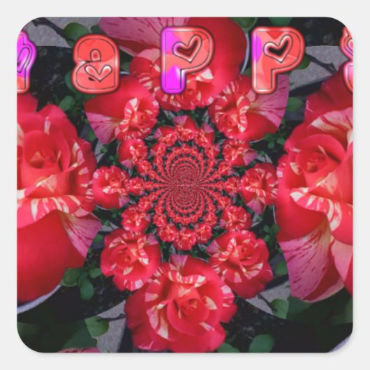 虹彩色レッドローゼハッピーバレンタインアートプリント スクエアシール (正面)
