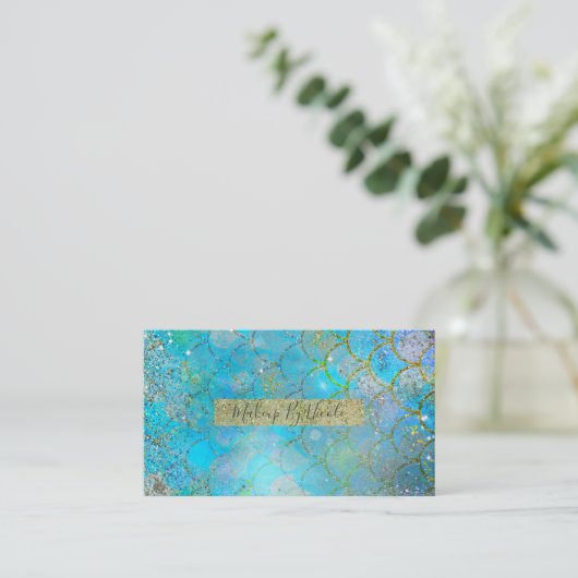 虹色かわいらしパールきらめくマーメイドはかりで測 名刺 (スタンド正面)