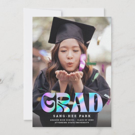 虹色かわいらしレトロフェイク大学院写真卒業 案内状 (正面)