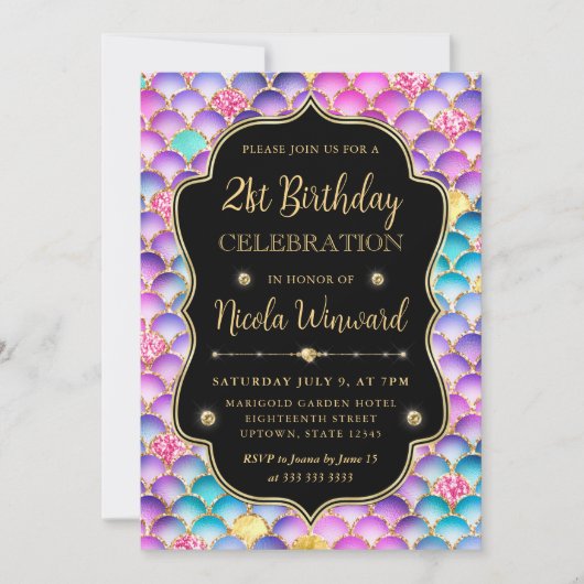 虹色とゴールドの人魚のうろこフレーム誕生日 招待状 (正面)