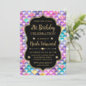 虹色とゴールドの人魚のうろこフレーム誕生日 招待状 (スタンド正面)