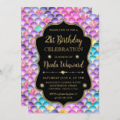 虹色とゴールドの人魚のうろこフレーム誕生日 招待状 (正面/裏面)