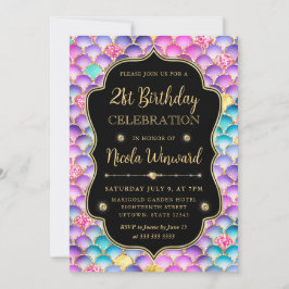 虹色とゴールドの人魚のうろこフレーム誕生日 招待状