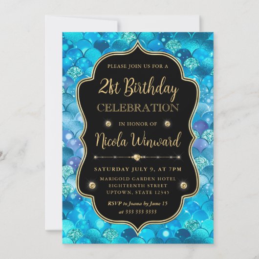 虹色とゴールドの人魚のうろこフレーム誕生日 招待状 (正面)