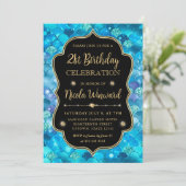 虹色とゴールドの人魚のうろこフレーム誕生日 招待状 (スタンド正面)