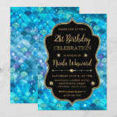 虹色とゴールドの人魚のうろこフレーム誕生日 招待状 (正面/裏面)