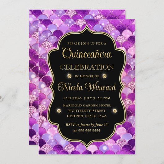 虹色と金ゴールドマーメイドはかりで測キンセアニェラ 招待状 (正面/裏面)