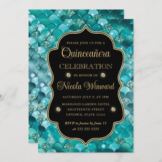 虹色と金ゴールドマーメイドはかりで測キンセアニェラ 招待状 (正面/裏面)