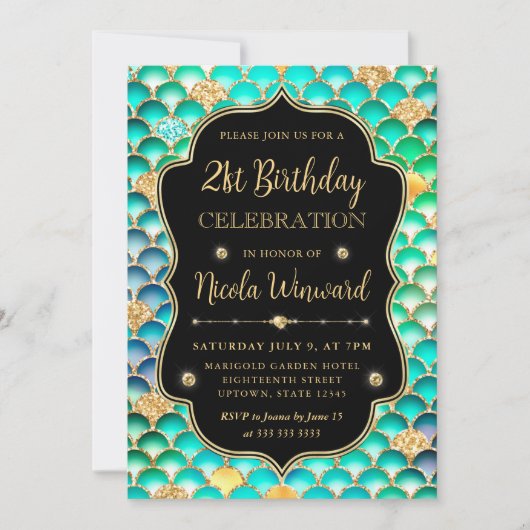 虹色と金ゴールドマーメイドはかりで測フレーム誕生日 招待状 (正面)