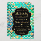 虹色と金ゴールドマーメイドはかりで測フレーム誕生日 招待状 (正面/裏面)