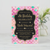 虹色と金ゴールドマーメイドはかりで測フレーム誕生日 招待状 (スタンド正面)