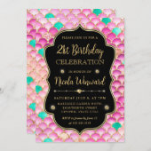 虹色と金ゴールドマーメイドはかりで測フレーム誕生日 招待状 (正面/裏面)