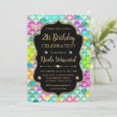 虹色と金ゴールドマーメイドはかりで測フレーム誕生日 招待状 (スタンド正面)