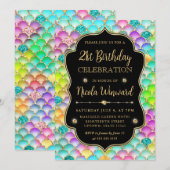 虹色と金ゴールドマーメイドはかりで測フレーム誕生日 招待状 (正面/裏面)