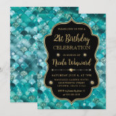 虹色と金ゴールドマーメイドはかりで測フレーム誕生日 招待状 (正面/裏面)