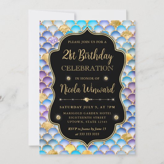 虹色と金ゴールドマーメイドはかりで測フレーム誕生日 招待状 (正面)