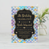 虹色と金ゴールドマーメイドはかりで測フレーム誕生日 招待状 (スタンド正面)