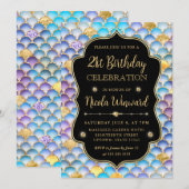 虹色と金ゴールドマーメイドはかりで測フレーム誕生日 招待状 (正面/裏面)