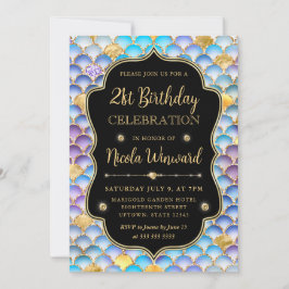 虹色と金ゴールドマーメイドはかりで測フレーム誕生日 招待状