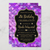 虹色と金ゴールドマーメイドはかりで測フレーム誕生日 招待状 (正面/裏面)