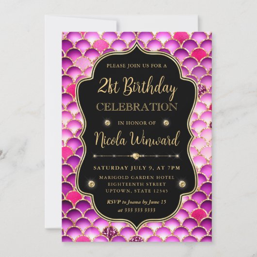 虹色と金ゴールドマーメイドはかりで測フレーム誕生日 招待状 (正面)