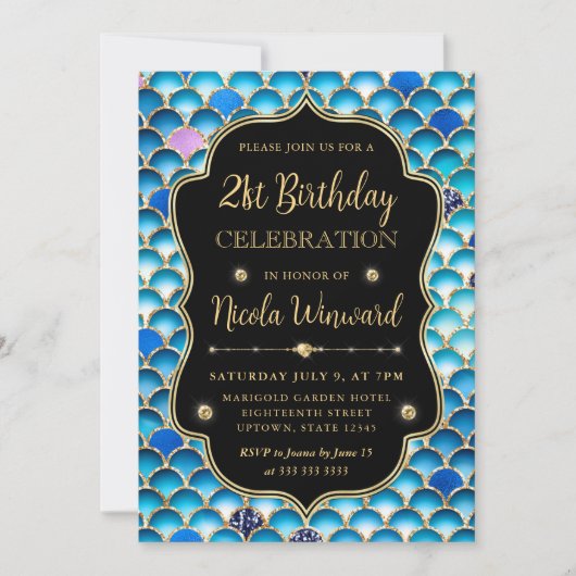 虹色と金ゴールドマーメイドはかりで測フレーム誕生日 招待状 (正面)