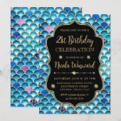 虹色と金ゴールドマーメイドはかりで測フレーム誕生日 招待状 (正面/裏面)