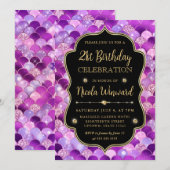 虹色と金ゴールドマーメイドはかりで測フレーム誕生日 招待状 (正面/裏面)