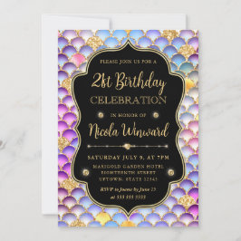 虹色と金ゴールドマーメイドはかりで測フレーム誕生日 招待状