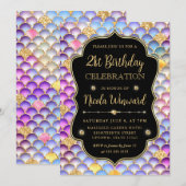 虹色と金ゴールドマーメイドはかりで測フレーム誕生日 招待状 (正面/裏面)