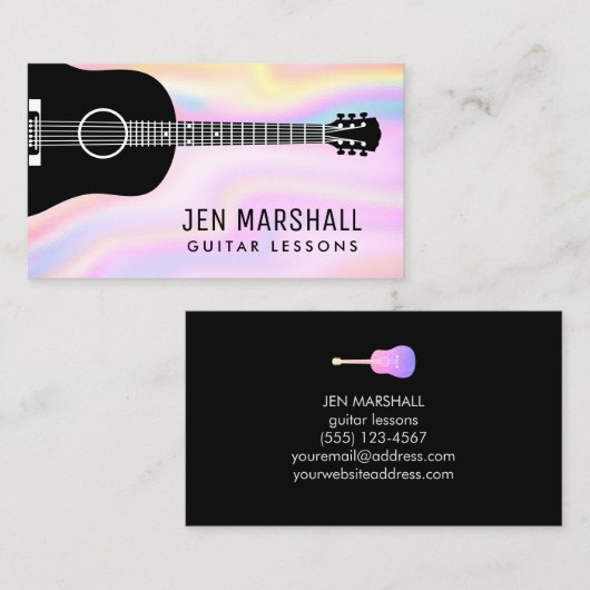 虹色に輝くギターシルエットフェイクのグレーデザイン 名刺 (正面/裏面)