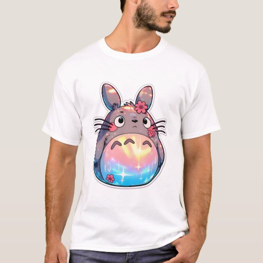 虹色のお腹と花に囲まれたかわいいトトロ Tシャツ (正面)