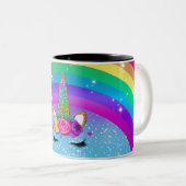 虹色のきらきらとしたユニコーンの角の顔 ツートーンマグカップ (正面右)