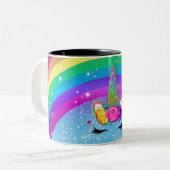 虹色のきらきらとしたユニコーンの角の顔 ツートーンマグカップ (正面左)
