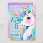虹色のきらきらユニコーンの女の子の招待状 招待状 (正面/裏面)