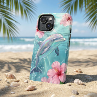 虹色のイルカとピンクのハイビスカスのトロピカルオーシャン iPhone 16ケース