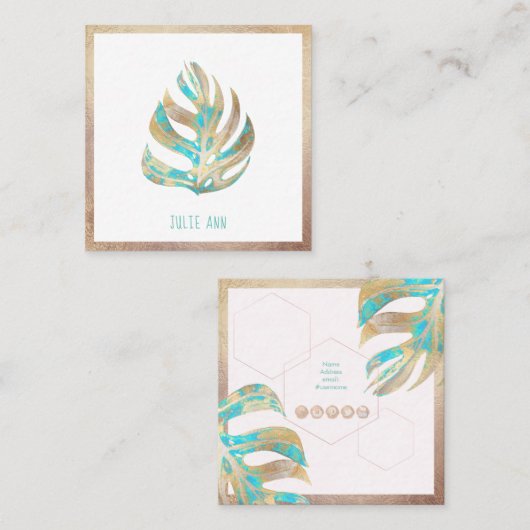 虹色のエレガントモンステ葉ラ、ターコイズ+金ゴールド スクエア名刺 (正面/裏面)