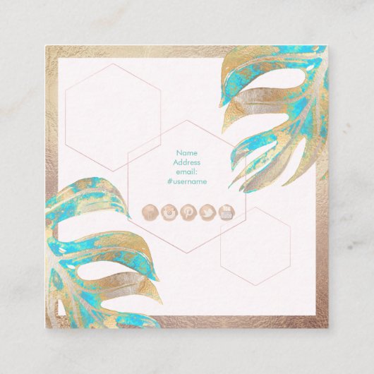 虹色のエレガントモンステ葉ラ、ターコイズ+金ゴールド スクエア名刺 (裏面)