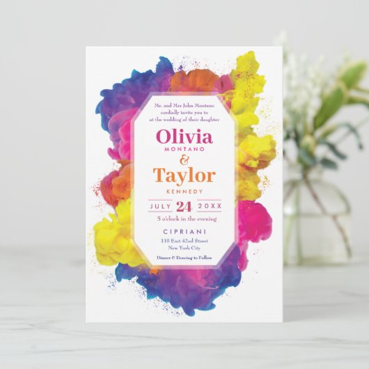 虹色のカラー爆発ウェディング 招待状 (スタンド正面)